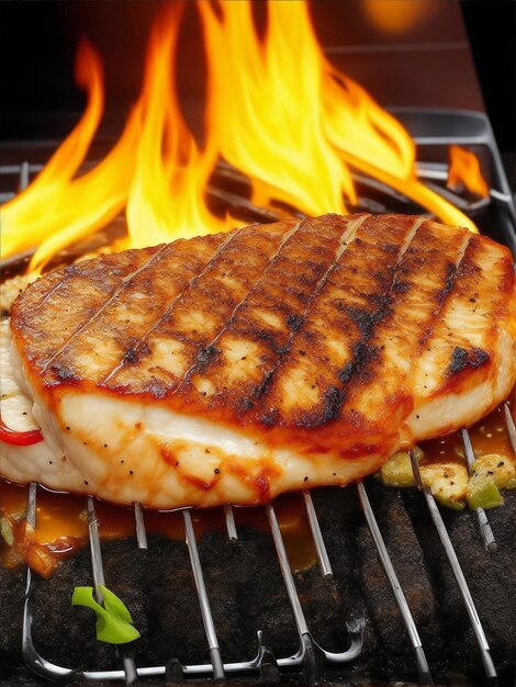 Fish steak on flaming grill Generative AI