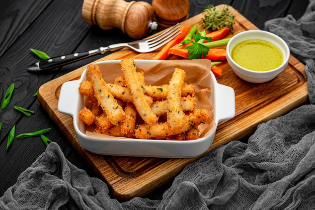 Fish sticks with fresh vegetables on a wooden board