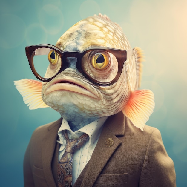 양복을 입은 물고기와 안경을 쓴 트위스트가 있는 사실적인 초상화