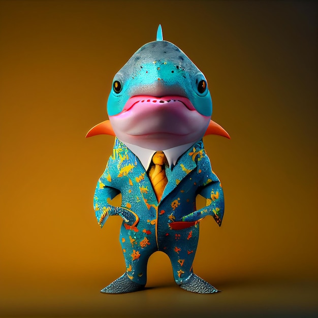 A fish in a suit with a tie that says'fish'on it