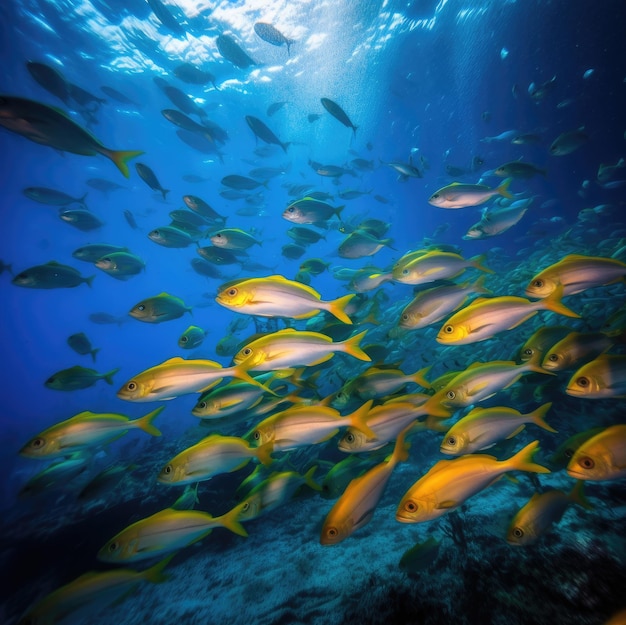 Fish surrounded by young ones in clear deep sea vivid color