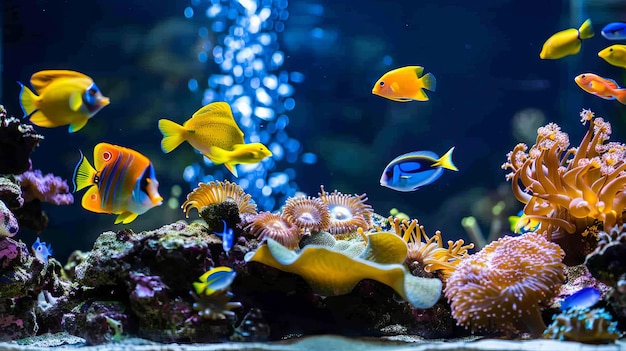 Fish swim in aquarium