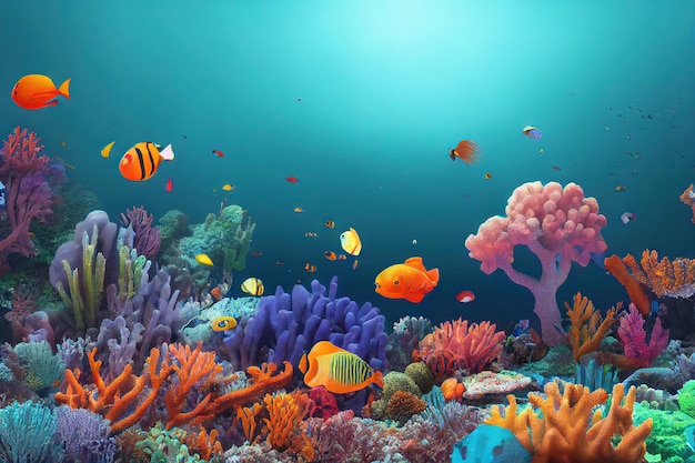 Photo fish swimming among corals in water seascape