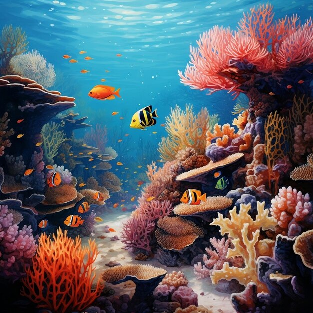 Fish swimming among corals in a water seascapeai