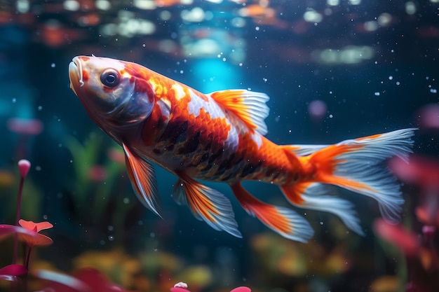 A fish swimming in an aquarium with the word koi on the bottom.