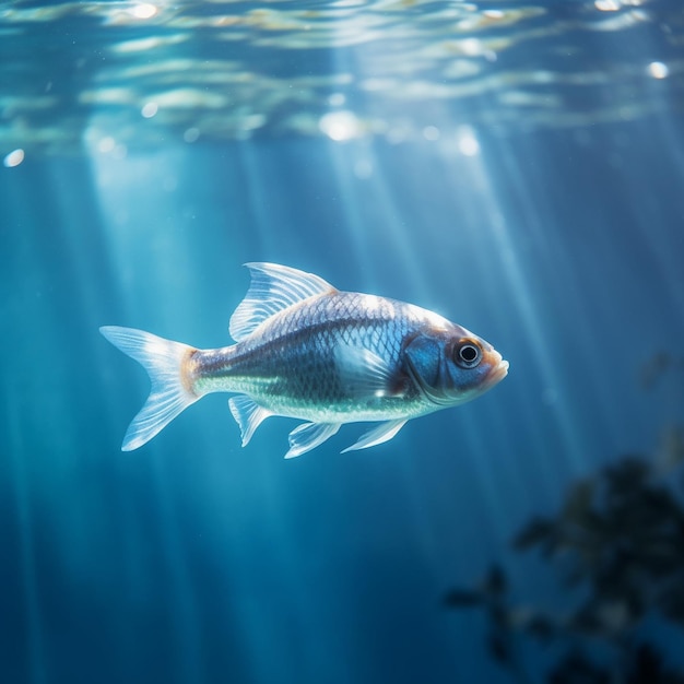 a fish swimming in a blue water with sunlight shining through the water.