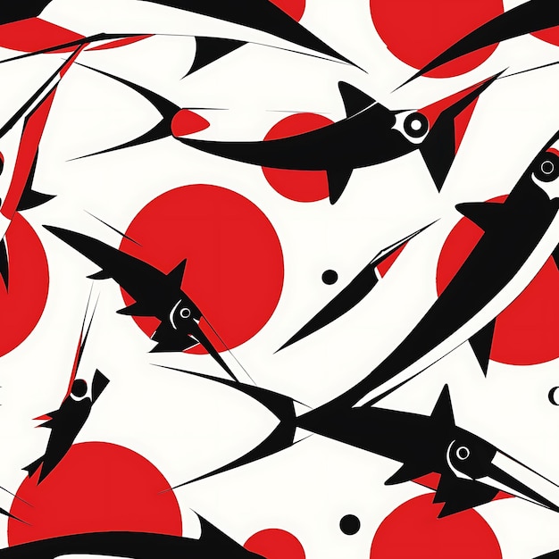 a fish swimming in a circle with red dots and black fish on the bottom