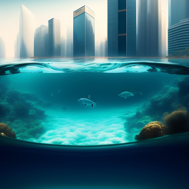 A fish swimming under a city with a city in the background.