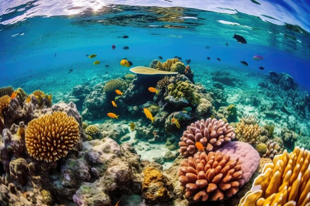 Fish swimming in coral reef under deep blue sea and amazing view of undersea