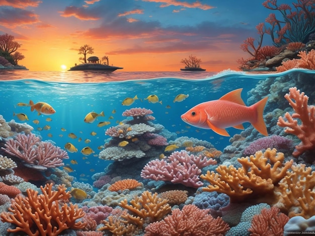 Fish swimming in a coral reef when sunset