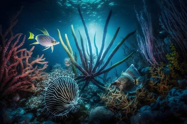 A fish swimming in a coral reef with a blue background.