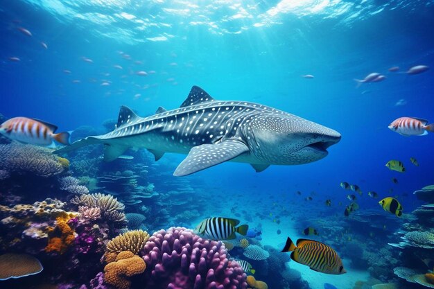 a fish swimming under a coral reef with a shark swimming in the water