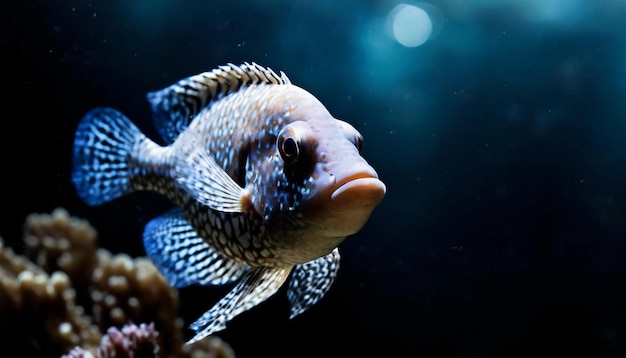 Foto pesci che nuotano nelle profondità dell'oceano creature marine nell'acqua buia
