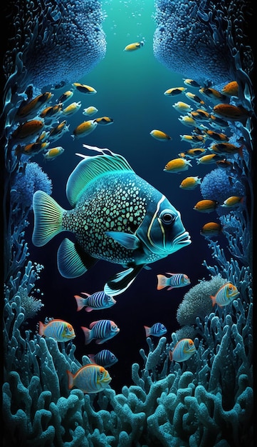 A fish swimming in the ocean with a blue background and a fish swimming in the water