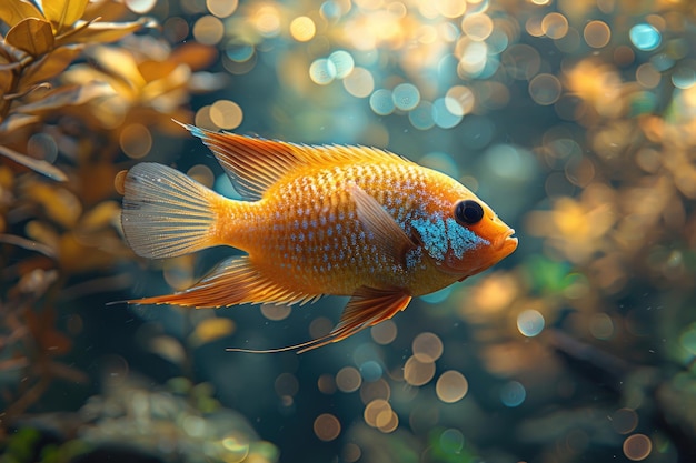 A fish swimming in a tank with its scales reflecting the light