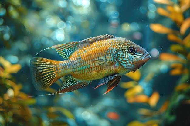 A fish swimming in a tank with its scales reflecting the light