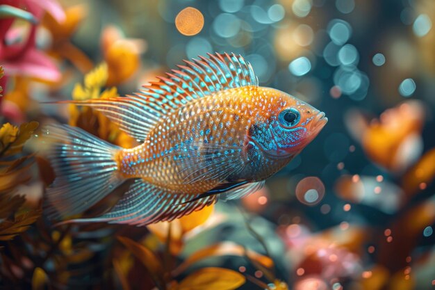 A fish swimming in a tank with its scales reflecting the light