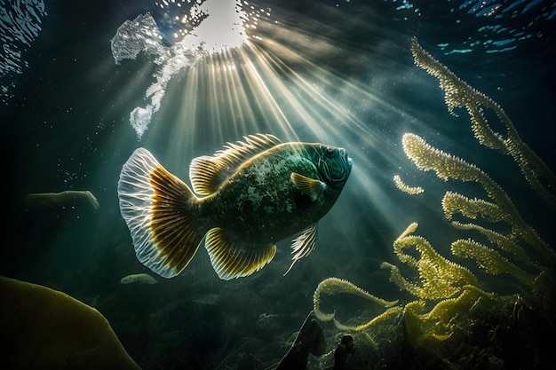 太陽の光を浴びて水中を泳ぐ魚。