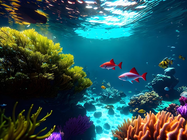 A fish swims under a blue ocean background.