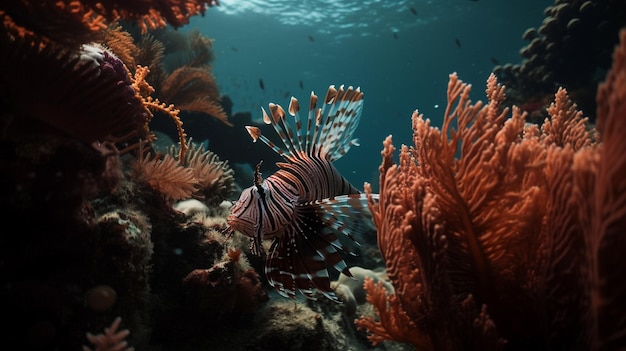 A fish swims in a coral reef with a red and black striped lionfish.