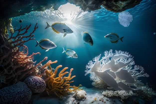 A fish swims under a coral reef