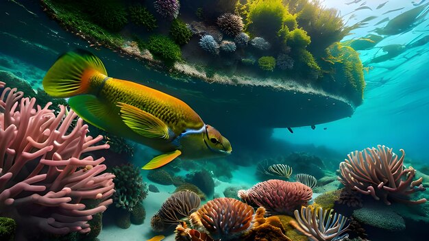 A fish swims under a coral reef.