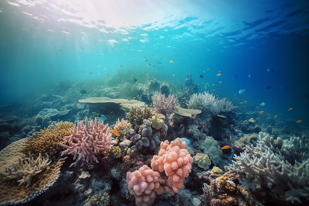 A fish swims over a coral reef.