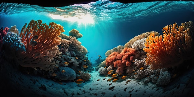 A fish swims under a coral reef.