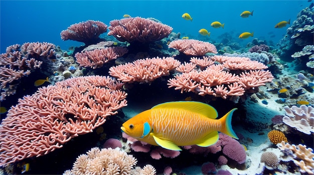 A fish swims among corals and other fish.