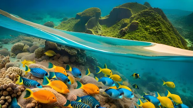 Foto un pesce nuota sotto il mare con uno sfondo verde.