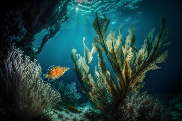 A fish swims under a seaweed and the sun is shining on the water.