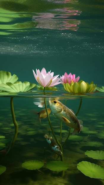 A fish swims under water with lotus flowers in the background 