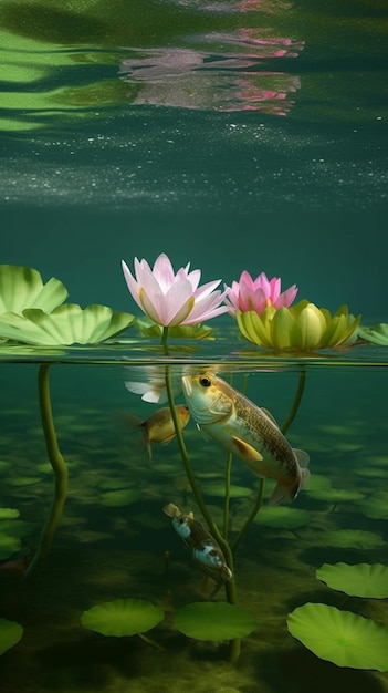 A fish swims under water with lotus flowers in the background.