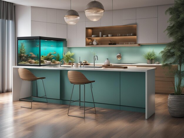 a fish tank in the middle of a kitchen interior furniture