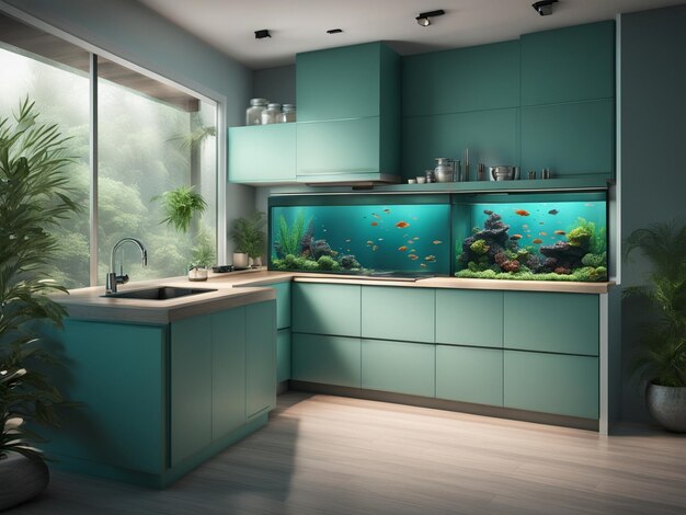 a fish tank in the middle of a kitchen interior furniture