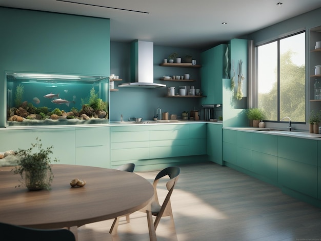 a fish tank in the middle of a kitchen interior furniture