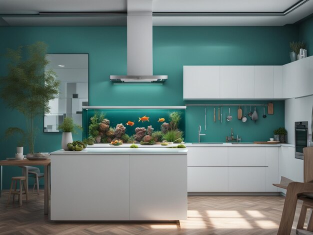 a fish tank in the middle of a kitchen interior furniture