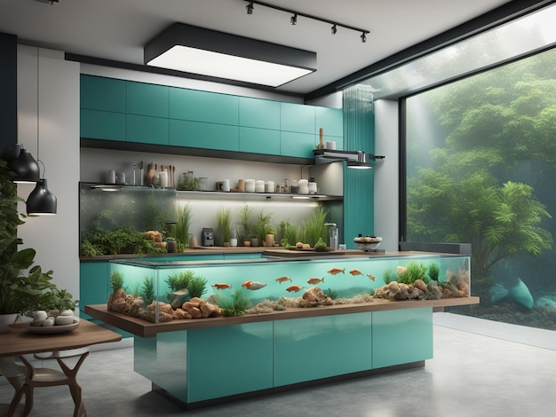 Foto un serbatoio di pesci al centro di un arredamento interno della cucina