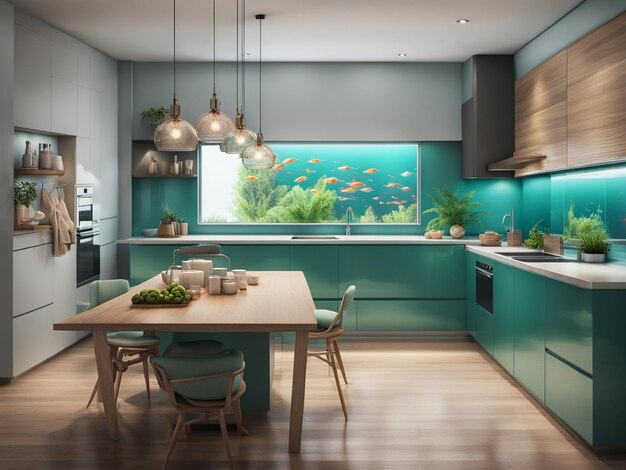 Photo a fish tank in the middle of a kitchen interior furniture