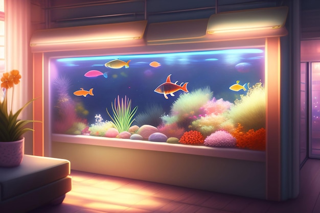 A fish tank in a room with a light on the wall and a fish tank in the background.