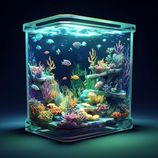 a fish tank with a blue background and a green light on the bottom.