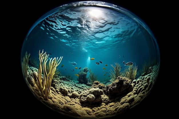 a fish tank with a blue ocean in the background.