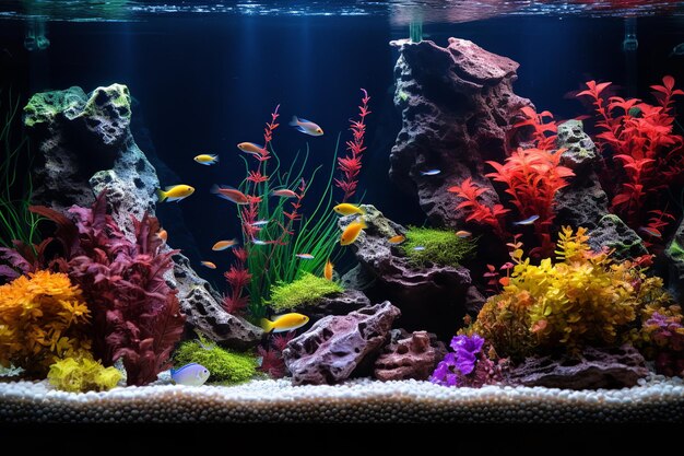 Photo a fish tank with colorful fish and plants the tank is designed to look like a natural environment