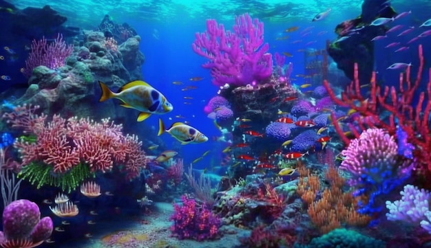 A fish tank with a coral reef in the background