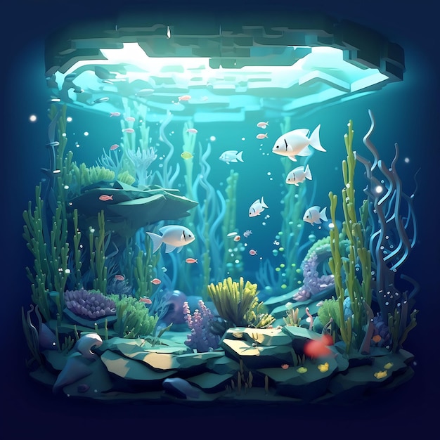 a fish tank with a fish tank and underwater scene.