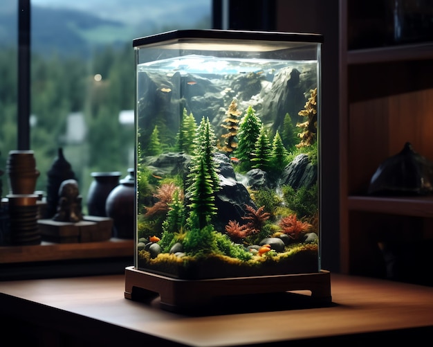 A fish tank with a forest scene in the background