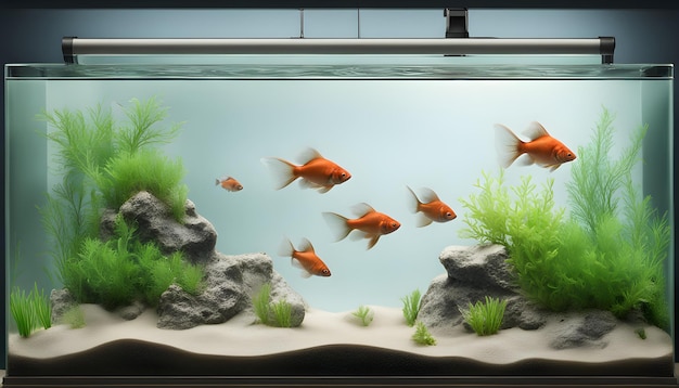 a fish tank with goldfish in it and a rock in the bottom