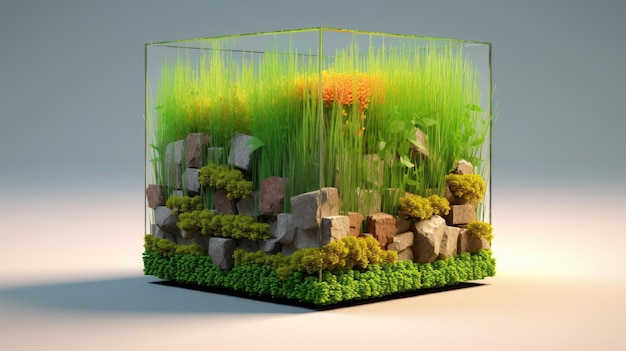 A fish tank with grass and rocks on it