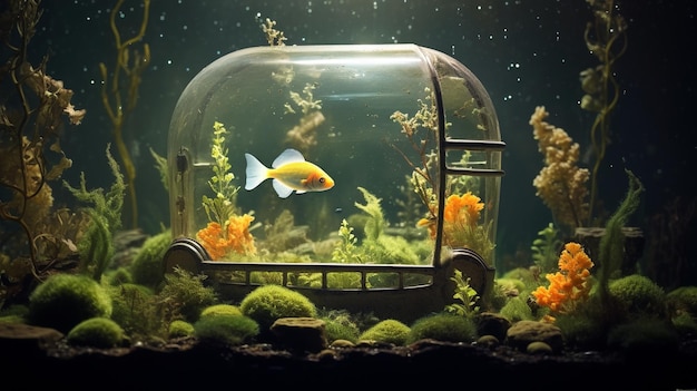 Photo a fish in tank with miniature underwater wallpaper