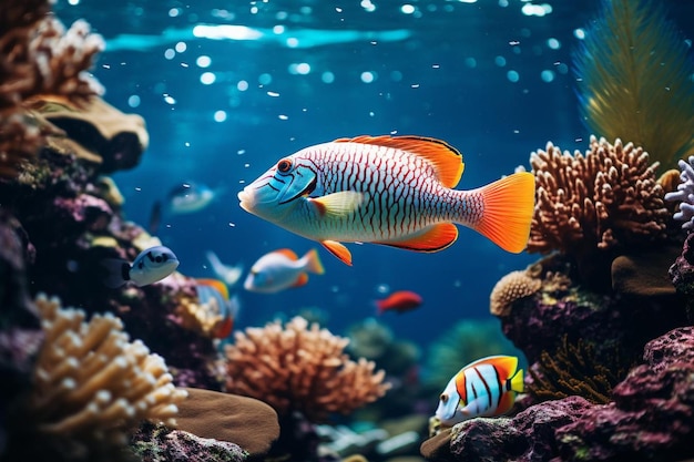 a fish tank with a variety of colors and a large amount of coral